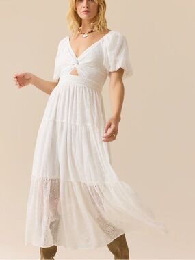 chinese dress ladies Altar'd State Short Sleeve Embroidered Sheer Boho Lace Catania Maxi Dress  Blue S